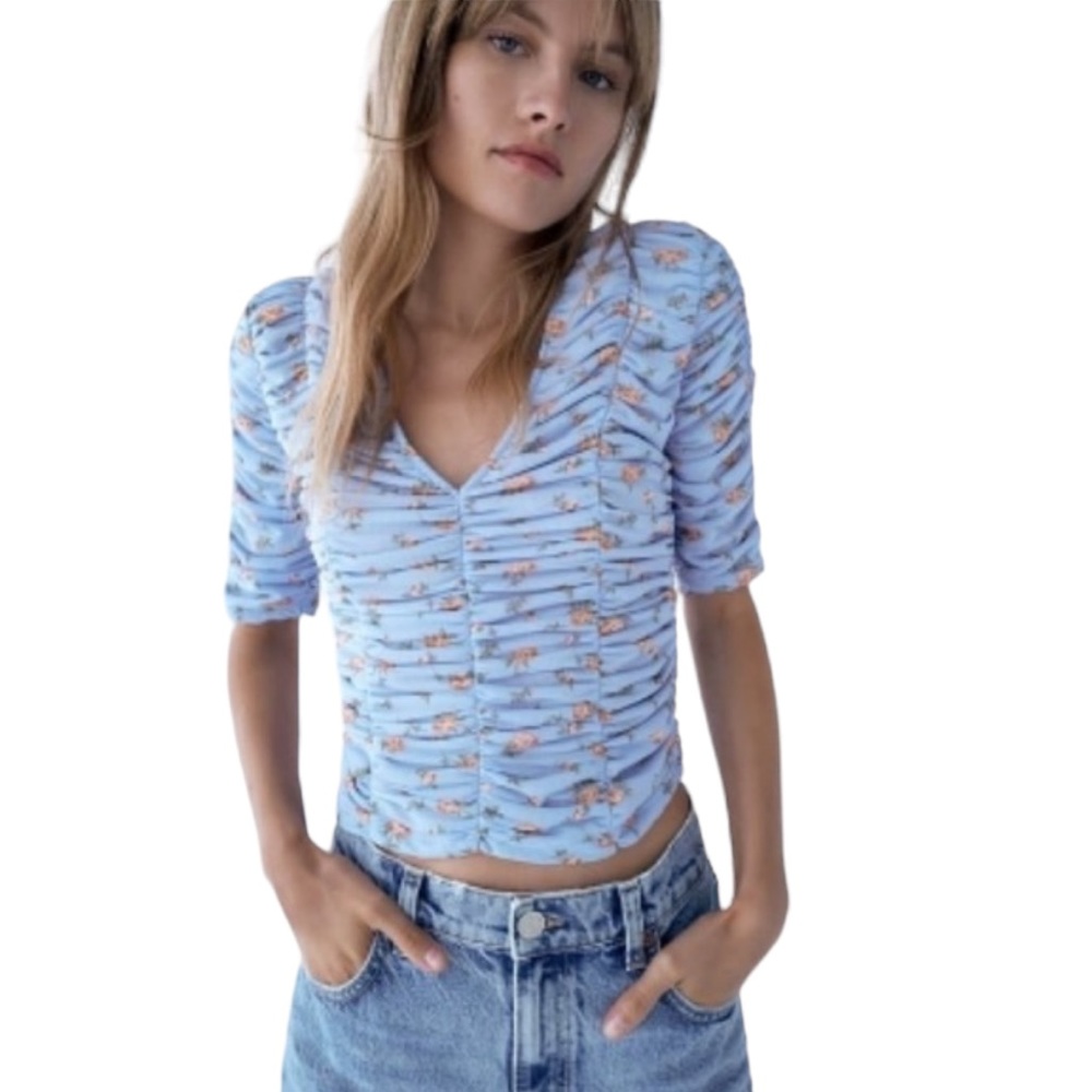 NWT Zara Floral Print Ruched Top in Tulle (Z)